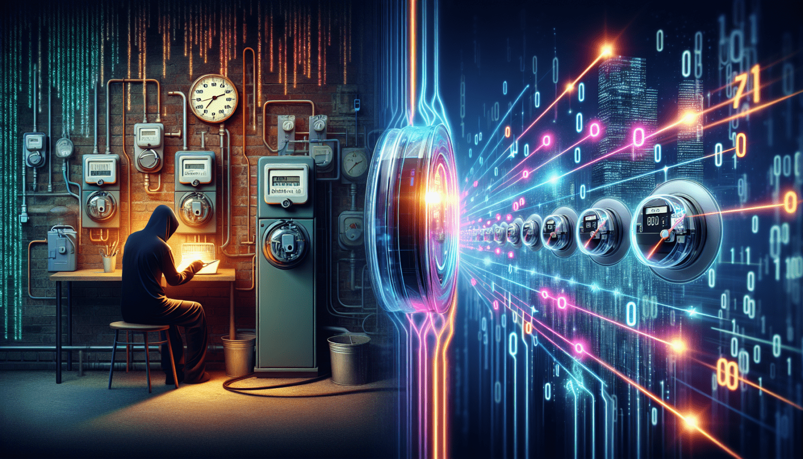 Illustration of traditional metering systems evolving into IoT smart metering